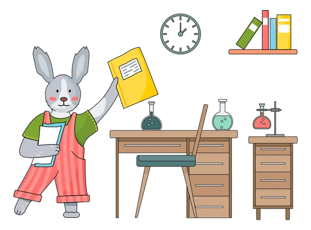 Bunny with notebook in chemistry lesson  Illustration