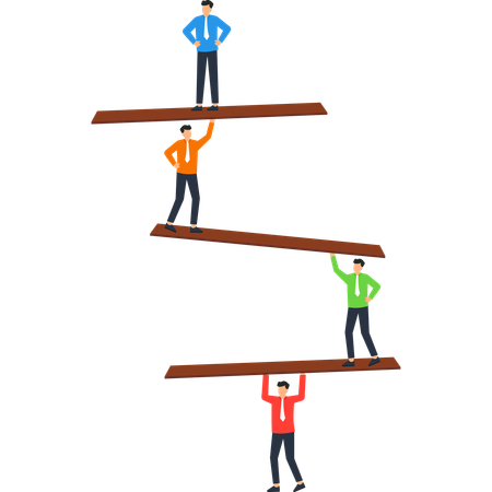 Bunte Figuren balancieren auf Holzbrettern, Teamwork-Unterstützung  Illustration