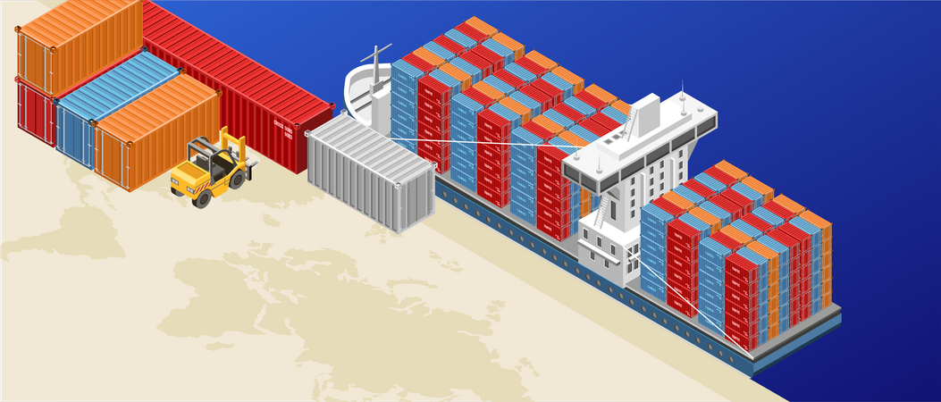 Buque de carga con contenedores en puerto de carga  Ilustración