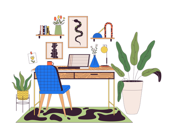 Bureau à domicile avec ordinateur portable  Illustration