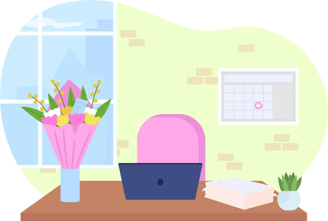 Bureau avec bouquet dans un vase  Illustration