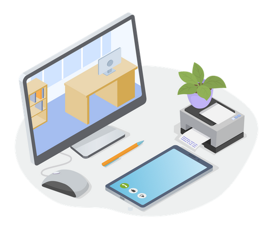 Bureau avec ordinateur  Illustration