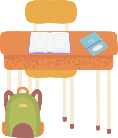 Bureau de travail scolaire avec livre de chaise et cahier  Illustration