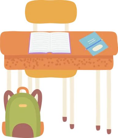 Bureau de travail scolaire avec livre de chaise et cahier  Illustration