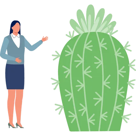 Femme de bureau montrant une plante Mammillaria  Illustration