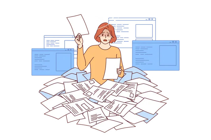 Bureaucracy make woman recruiter dizzy as she looks through mountain of paper resumes  Illustration