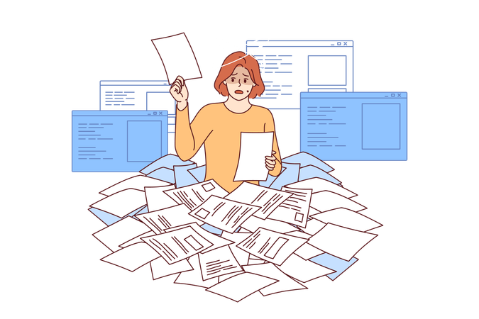 Bureaucracy make woman recruiter dizzy as she looks through mountain of paper resumes  Illustration