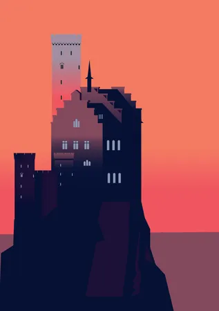 Burg auf einer Klippe mit einem roten Himmel  Illustration