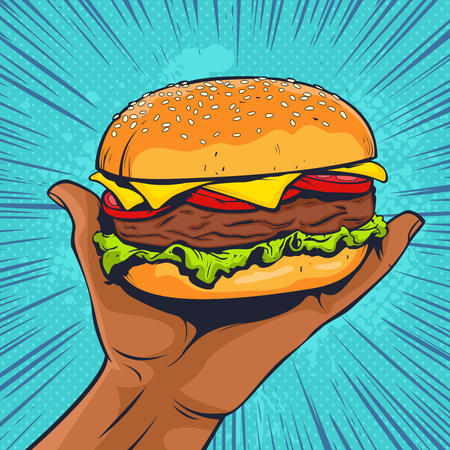 Burger auf der Hand eines Afroamerikaners  Illustration