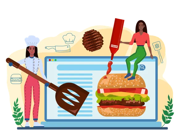 Burger House Online Service Or Platform Chef Cook Tasty Hamburger With Cheese Tomato And Grilled Beef And Bun Website Flat Vector Illustration Illustration