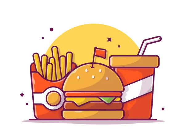 Burgergericht mit Pommes und Kaltgetränk  Illustration