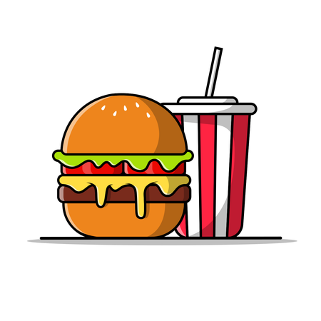 Hamburger, Mit, Soda, Becher, Mit, Stroh  Illustration