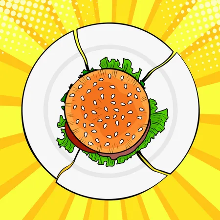 Burger on broken plate, Heavy fast food. Diet and healthy eating. Colorful vector illustration in pop art retro comic style  Illustration