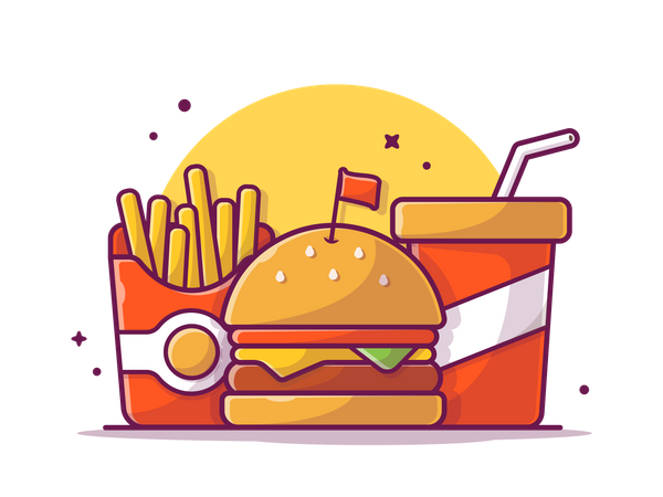 Repas burger avec frites et boisson fraîche  Illustration