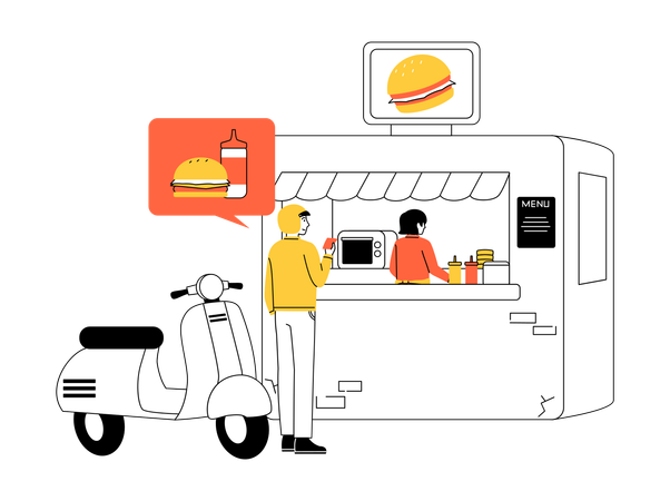 Burger shop owner talking to delivery driver  Illustration