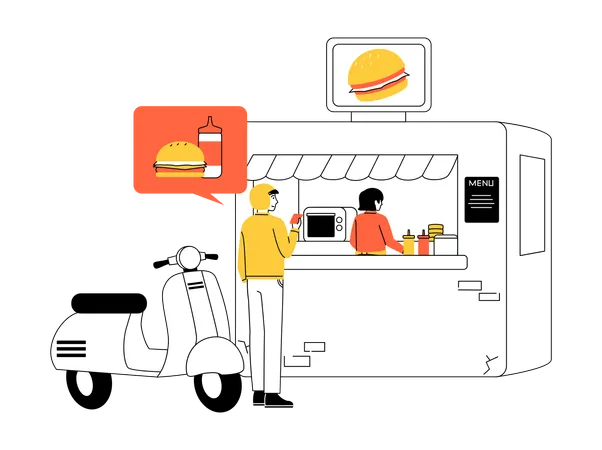 Burger shop owner talking to delivery driver  Illustration