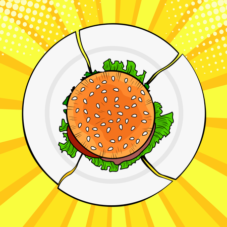 Burger sur assiette cassée, restauration rapide lourde. Régime alimentaire et alimentation saine. Illustration vectorielle colorée dans un style bande dessinée rétro pop art  Illustration