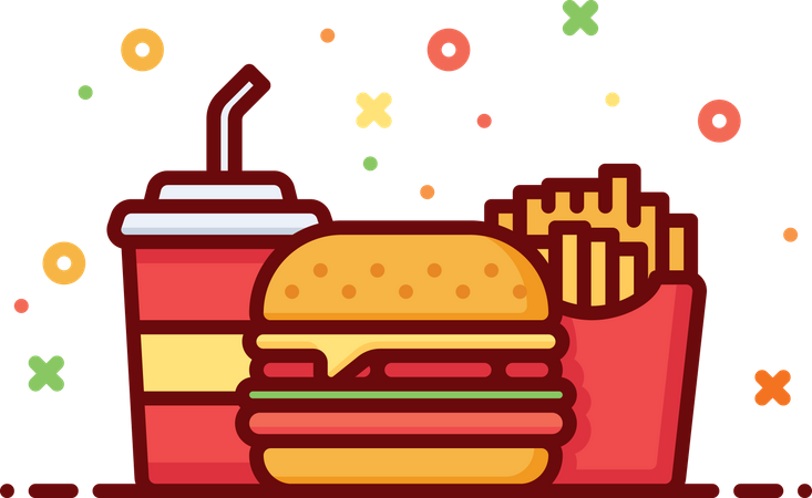 Burger With Drink And French Fries  Illustration