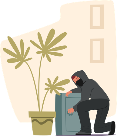 Burglar in Hoodie and Mask Trying to Crack Safe in Room  Illustration