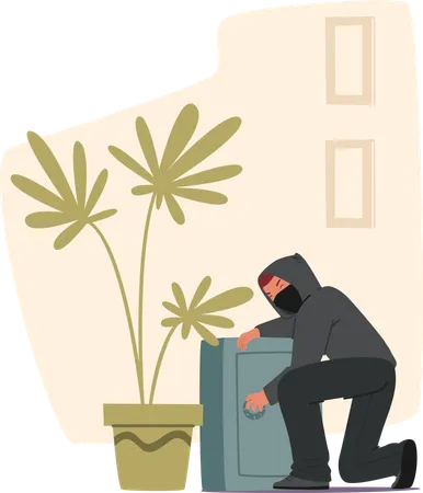 Burglar in Hoodie and Mask Trying to Crack Safe in Room  Illustration