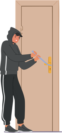 Burglar In Hoodie Using Crowbar To Pry Open Door  Illustration