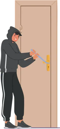 Burglar In Hoodie Using Crowbar To Pry Open Door  Illustration