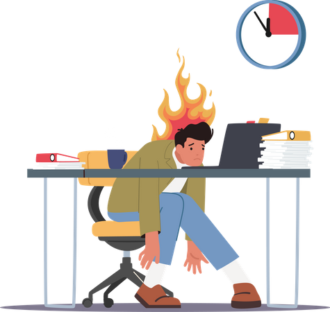 Burned Down Businessman in Depression Sitting at Office Desk with Papers Heap  Illustration