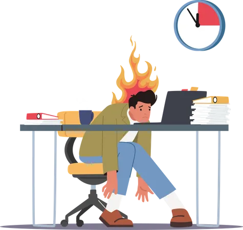 Burned Down Businessman in Depression Sitting at Office Desk with Papers Heap  Illustration