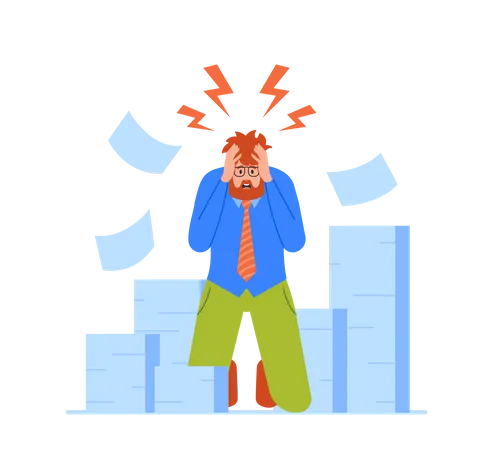 Overloaded Worker Stress And Deadline Concept Burned Down Businessman In Depression Stand On Knees In Office With Heaps Of Paper Documents Tearing Hair On Head Cartoon People Vector Illustration Illustration