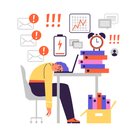 Burned out workaholic laying his head on table  Illustration