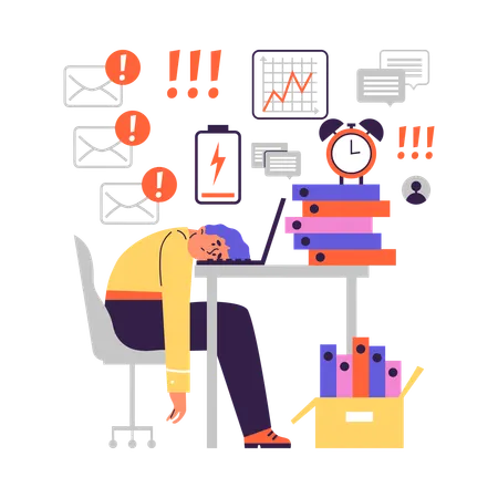 Burned out workaholic laying his head on table  Illustration