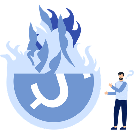Burning money with a confused man representing a problem or issue  Illustration