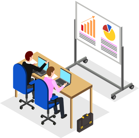 Büroangestellte arbeiten an Kreisdiagramm  Illustration