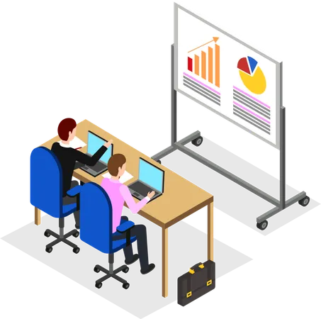 Büroangestellte arbeiten an Kreisdiagramm  Illustration