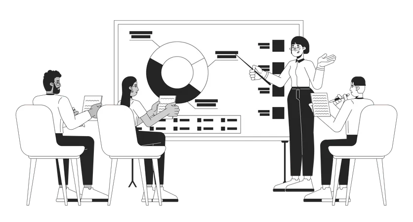 Büroangestellte bei Besprechungen zur Datenanalyse  Illustration