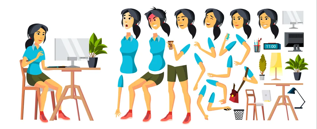 Büroangestellte, Vector. Woman. Moderner Angestellter, Laborer. Koreanisch, Vietnamesisch, Japanischer Geschäftsarbeiter. Gesicht, Emotionen, Unterschiedliche Gesten. Animation, Schöpfung, Set. Freigestellt, Zeichentrickfigur, Abbildung  Illustration