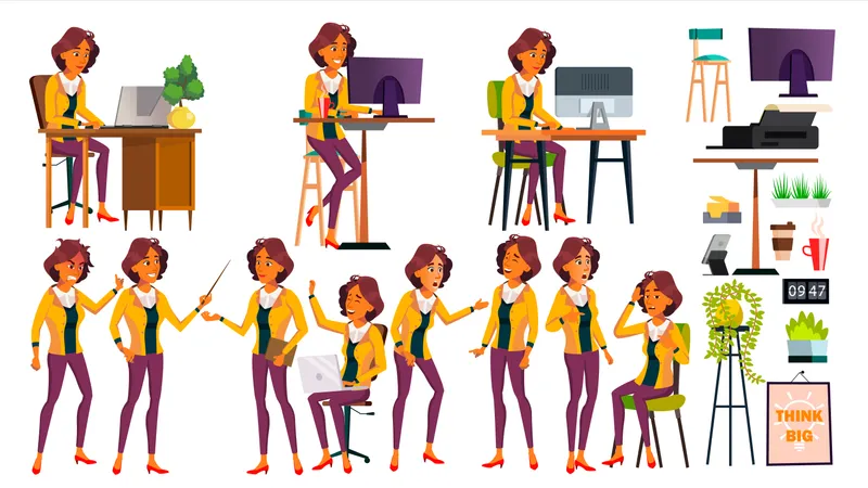 Büroangestellte, Vector. Woman. Moderner Angestellter, Laborer. Poses. Business Worker. Office. Gesicht, Emotionen, Unterschiedliche Gesten. Animation, Schöpfung, Set. Freigestellt, Zeichentrickfigur, Abbildung  Illustration