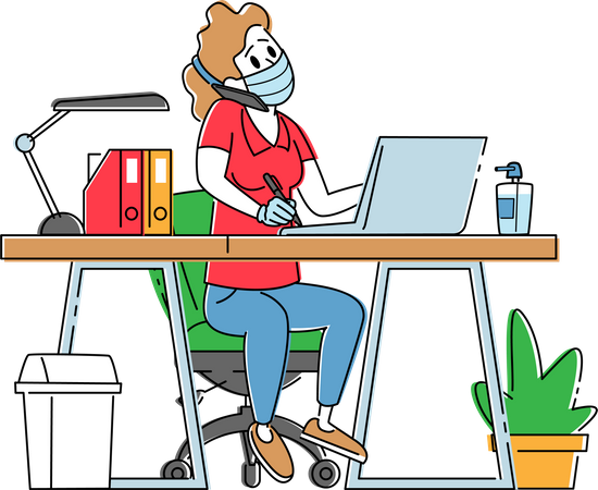 Büroangestellter mit medizinischer Maske arbeitet am Laptop, sitzt am Arbeitsplatz und spricht per Handy  Illustration