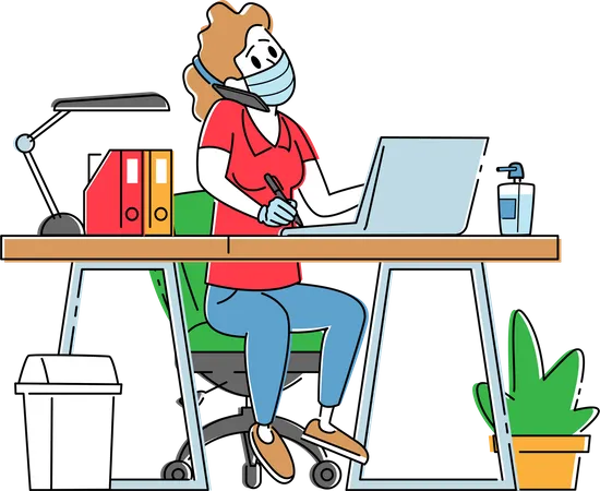 Büroangestellter mit medizinischer Maske arbeitet am Laptop, sitzt am Arbeitsplatz und spricht per Handy  Illustration