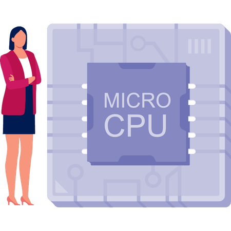 Bürodame steht in der Nähe eines Mikrochips  Illustration