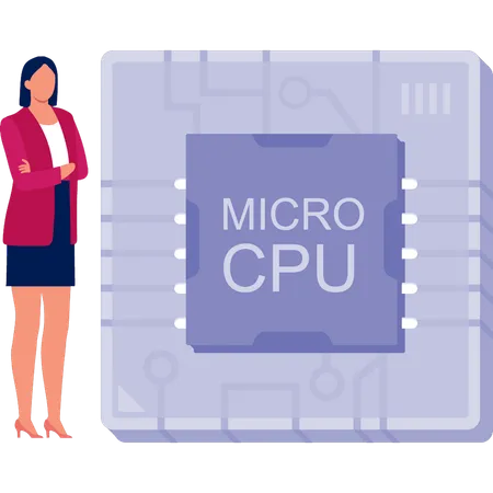 Bürodame steht in der Nähe eines Mikrochips  Illustration