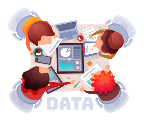 Büroteam bespricht Projekt mit Diagramm und Schaubild  Illustration