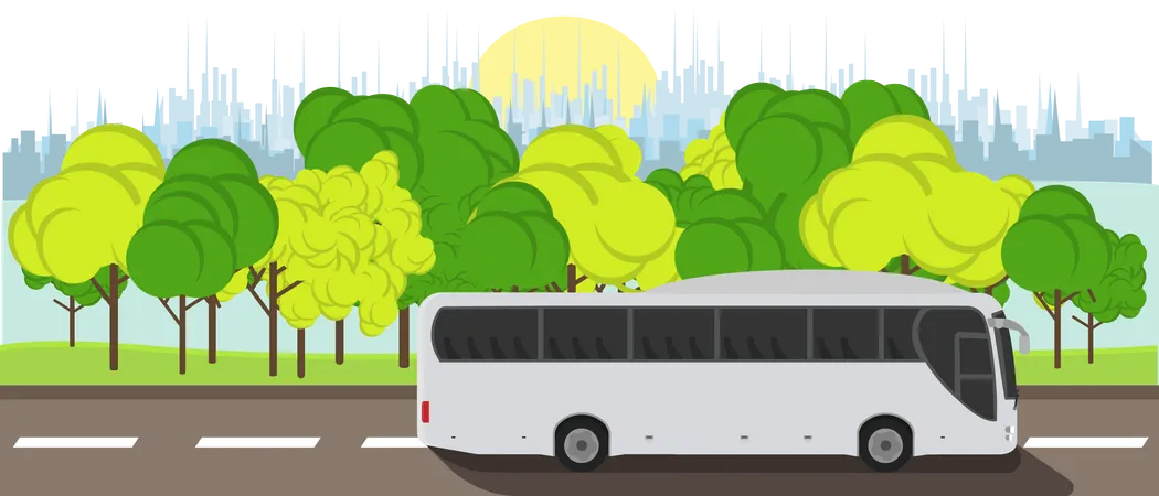 Tourist Express Bus Rides On The Road Against The Backdrop Of The Cityscape Concept Vector Flat Illustration Design Banner Illustration