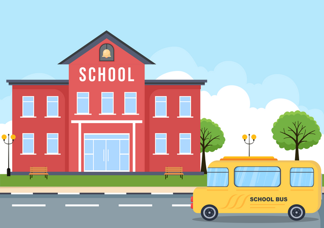 Bus arriving at school Illustration