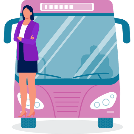 Bus hostess standing with bus  Illustration