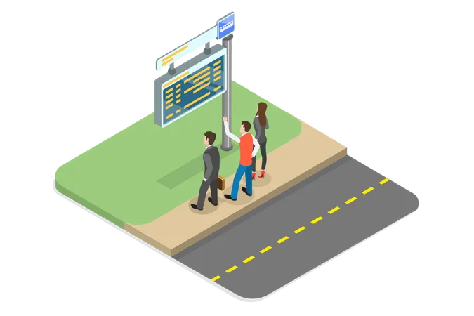 3 D Isometric Flat Vector Illustration Of Bus Stop People Learning Transport Schedule Illustration