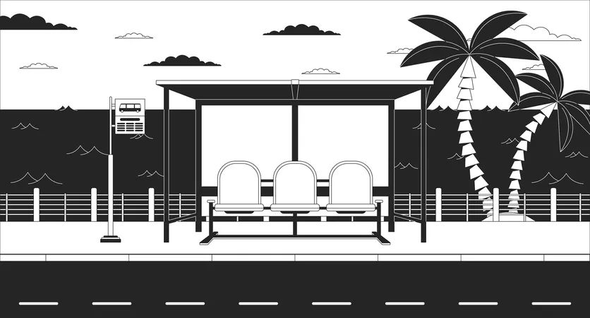 Bus Stop Bench On Twilight Waterfront Black And White Lo Fi Aesthetic Wallpaper Waiting For Bus Tropical City Outline 2 D Vector Cartoon Landscape Illustration Monochrome Lofi Background Illustration