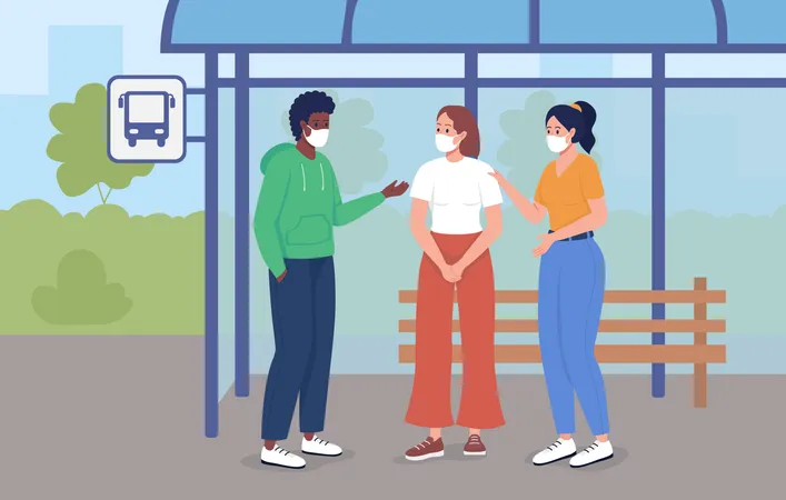 Bus Stop During Pandemic Flat Color Vector Illustration After Covid Health Precaution To Be On Public Street People In Face Masks Talking 2 D Cartoon Characters With Cityscape On Background 일러스트레이션