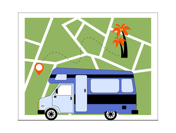 Bus tracking correct route to camping spot  Illustration