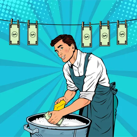 Businesman washes the dollar. Money laundering business concept. Vector illustration in pop art retro comic style Illustration
